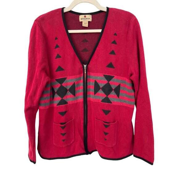 Y2K Woolrich Aztec Zip Cardigan Sweater Women XL Red Ramie Cotton Southwestern - Picture 1 of 8